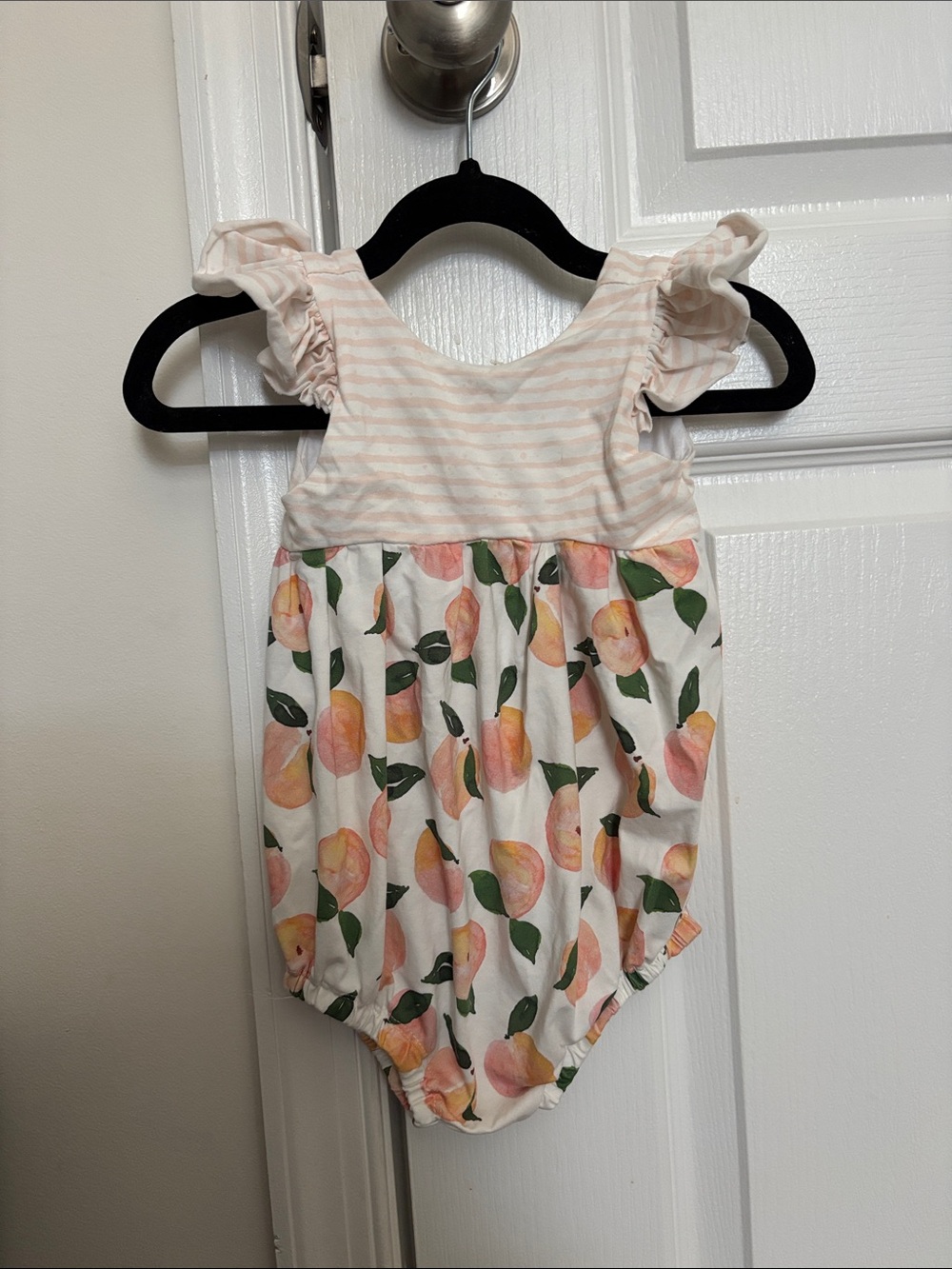 Peach Print Ruffle Shoulder Baby One-Piece - Pink/Green